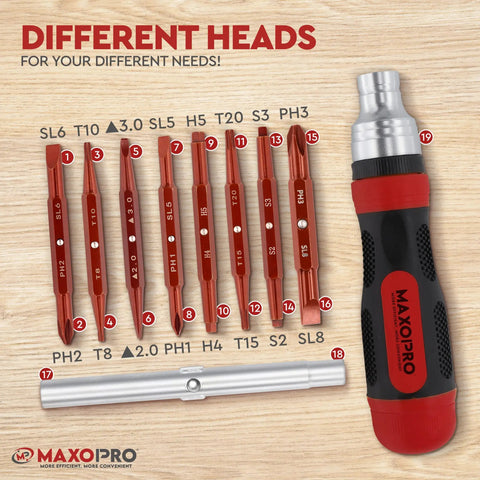 Ratcheting Screwdriver Set With Magnetic Tips 19 In 1 All In One Portable Handy Multi Tool showing Phillips, Torx, and Hex bits