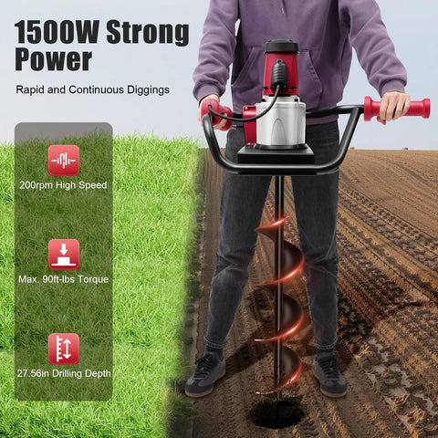 Person using Powerful Pro Grade Electric Post Hole Digger 1500W Earth Auger Drill With 4 Inch And 6 Inch Bit Set Extension Rod