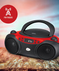 Portable Top-Loading CD Boombox With AM/FM Radio And 3.5mm Line In For MP3 Players, Red And Black, on wooden surface