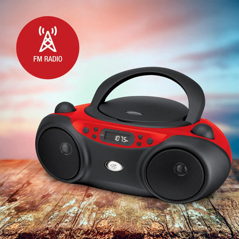 Portable Top-Loading CD Boombox With AM/FM Radio And 3.5mm Line In For MP3 Players, Red And Black, on wooden surface
