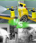 Foam Cannon With Dual Connectors For Pressure Washers used on car, yellow container, demonstrating foam application vs manual wash