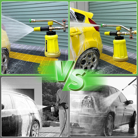 Foam Cannon With Dual Connectors For Pressure Washers used on car, yellow container, demonstrating foam application vs manual wash