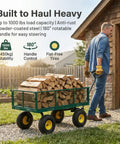 Heavy Duty 1000 Lb Capacity Mesh Steel Garden Cart With 10 In Flat Free Wheels loaded with firewood, outdoor use.