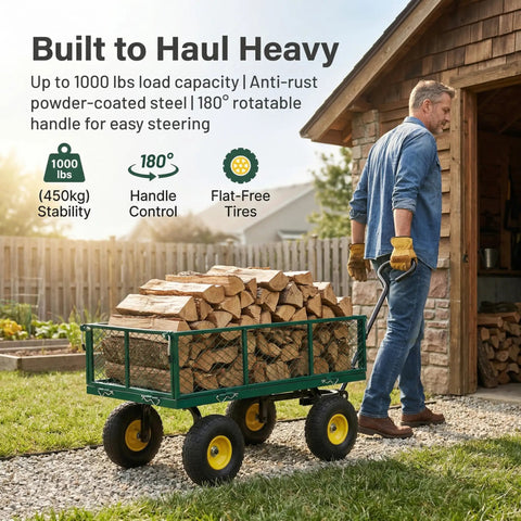 Heavy Duty 1000 Lb Capacity Mesh Steel Garden Cart With 10 In Flat Free Wheels loaded with firewood, outdoor use.