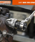 Three Eighths Inch Drive Damaged Bolt And Stud Extractor For Impact Wrenches in use on engine bolt