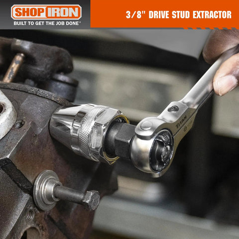 Three Eighths Inch Drive Damaged Bolt And Stud Extractor For Impact Wrenches in use on engine bolt