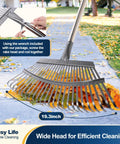 Heavy Duty Wide Garden Leaf Rake With Adjustable Long Handle For Yard And Lawn Cleanup, Ergonomic Rake Head 19.3 in wide