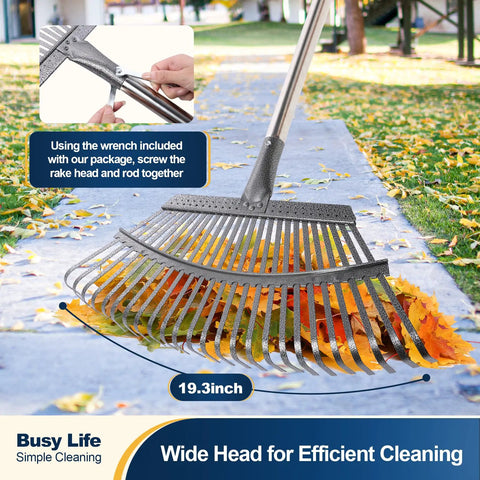 Heavy Duty Wide Garden Leaf Rake With Adjustable Long Handle For Yard And Lawn Cleanup, Ergonomic Rake Head 19.3 in wide