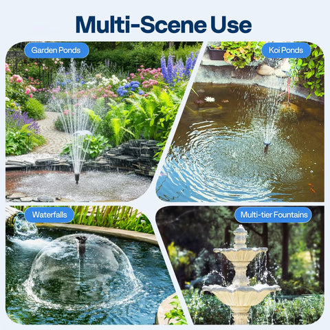 690GPH Submersible Pond Filter Pump With RGB LED Fountain Light used in garden ponds, koi ponds, waterfalls, and multi-tier fountains