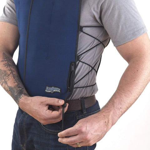 Man wearing Personal Series Ice Vest For Hot Weather Cooling, Lightweight Three Point Nine Pound Vest With Zipper Closure.