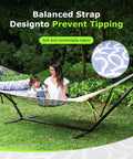 Double Hammock With Stand For Two People To Chill Heavy Duty Outdoor Hammock Supports Up To 500 Lbs Steel Frame With Balance Straps Easy Tool Free Assembly For Patio Garden Backyard And Beach White Grey with family relaxing