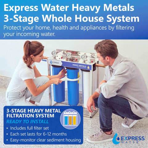 Hella Good On Demand Tankless Water Heater Paired With A Three Stage Whole House Filtration System For Heavy Metal Removal Total Space Saving Setup Built Right, showing installation of blue filter canisters and display panel.