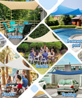 Various uses of 33 Piece Marine Grade Stainless Steel Sun Shade Sail Hardware Kit including terrace, garden, forest, pool, parking.