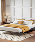 Heavy Duty King Box Spring 2 Inch Low Profile Metal Bed Base Featuring Dense Steel Slats That Support Up To 3000 Pounds and bedding in a modern bedroom.