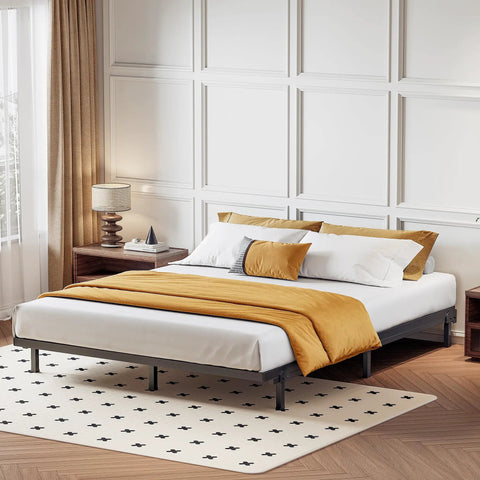 Heavy Duty King Box Spring 2 Inch Low Profile Metal Bed Base Featuring Dense Steel Slats That Support Up To 3000 Pounds and bedding in a modern bedroom.