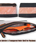Clear Tool Pouch Set With Zipper, 13 Inch Pouches, Four Pack Quick Access Tool Organizers showing orange interior and clear exterior.