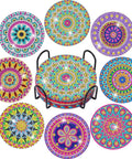 Diamond Painting Coasters Kit With Holder And Accessories, 8 Mandala Coasters For Beginners And Kids, colorful designs in holder.
