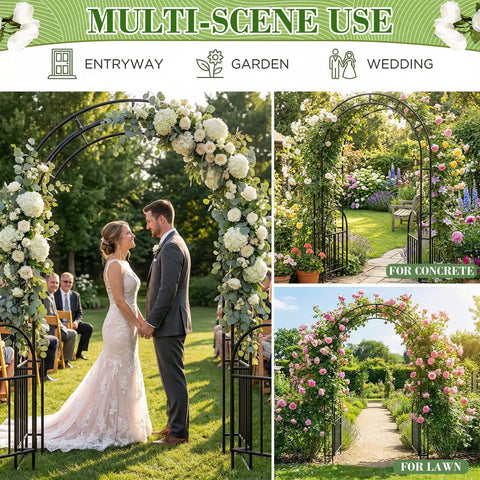 Heavy Duty 7Ft Garden Arch Arbor displayed with floral decorations, shown in various outdoor settings, ideal for weddings and gardens.