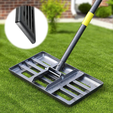 Heavy Duty Lawn Leveling Rake With 17 Inch By 10 Inch Stainless Steel Ground Plate And 60 Inch Handle For Anti Flipping Operation.