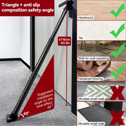 Upgraded Door Security Bar and Sliding Patio Bar heavy duty adjustable jammer in use on door with suggested 60-degree angle