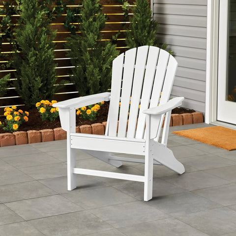 Real Deal Brush On Protective Enamel Paint In Satin White For Metal Wood Concrete And Masonry With Hella Tough Rust Coating And Super Fast Dry Finish on a white outdoor chair.