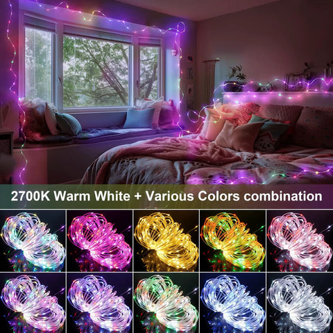 Indoor bedroom decorated with 132Ft LED Rope Lights Outdoor String Light With 400 LEDs 24 RGB Colors Plus Warm White Waterproof Starry Fairy Lights.