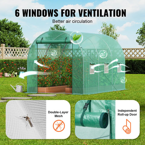 Beefed-Up Walk-In Tunnel Greenhouse With Galvanized Steel Frame And Green PE Cover, 9.6 By 6.4 By 6.2 Feet Hoop House With Roll-Up Zipper Door And Six Windows For Outdoor Plant Growing And Garden Season Extension