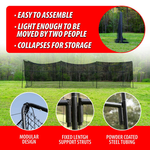 40 Foot Collapsible Batting Cage With Frame And Netting Freestanding Portable Backyard Baseball And Softball Batting Cage Complete Package For Easy Home Hit Sessions And Backyard Practice Setup, showcasing modular design and support struts.