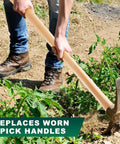 Person using a Two Pack 35 Inch Beech Wood Pickaxe Handles Replacement For Heavy Duty Tool Work In Garden Landscaping Yard And Outdoors Fits Mattock Heads And Heavy Duty Axes in garden.