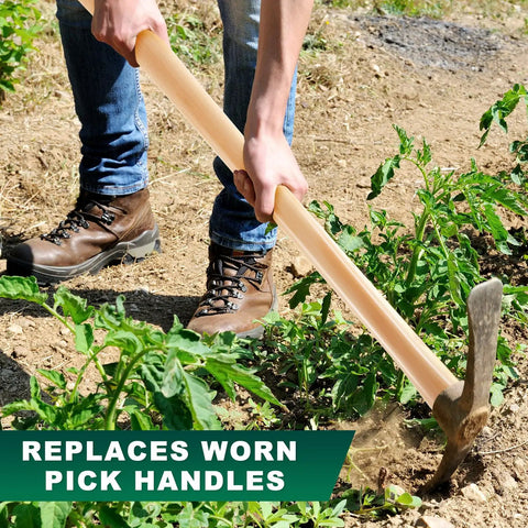 Person using a Two Pack 35 Inch Beech Wood Pickaxe Handles Replacement For Heavy Duty Tool Work In Garden Landscaping Yard And Outdoors Fits Mattock Heads And Heavy Duty Axes in garden.