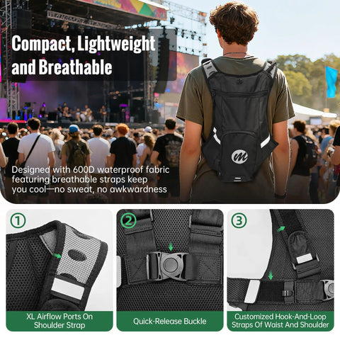 Person wearing Hydration Pack With 2L Water Bladder, Lightweight 600D Running Backpack at a festival
