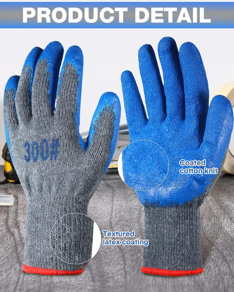 36 Pairs Rubber Work Gloves With Latex Double Coating For Tough Grip Bulk Safety Gear, blue and grey gloves close-up view