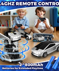 Kids playing with RC Transforming Cyber Pickup Truck And Robot Toy For Kids, 2.4GHz remote control car in transformation mode.