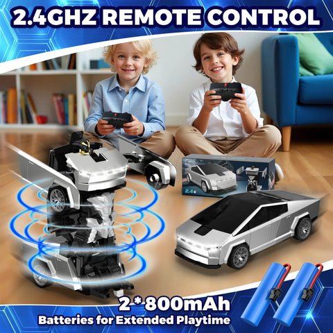 Kids playing with RC Transforming Cyber Pickup Truck And Robot Toy For Kids, 2.4GHz remote control car in transformation mode.
