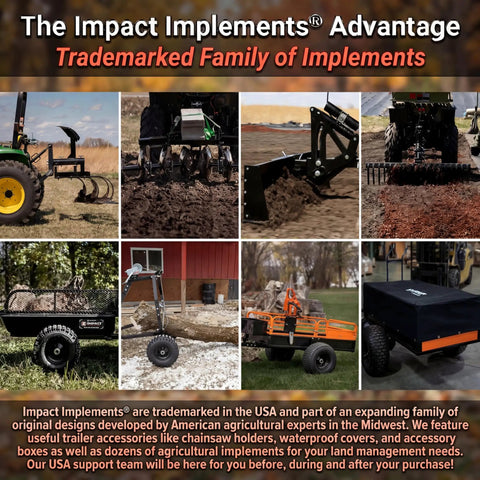Collage of tractors and trailers emphasizing ruggedness and versatility in farming and land management tasks.