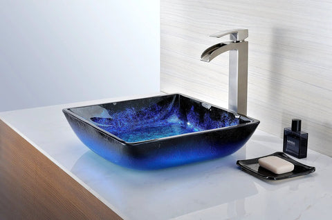 Blazing Blue Rectangular Glass Vessel Sink For Modern Bathrooms Top Mount Above Counter Vanity Bowl With Durable Tempered Glass Slick Deco Style Centerpiece Includes Pop Up Drain And Easy Install LSAZ056 with rectangular blue glass vessel sink on white vanity
