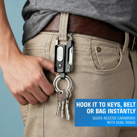 Person using 9 In 1 Multitool Keychain With Windproof Plasma Lighter attached to belt loop, holding keys