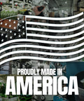 Collage of American flag and factory scenes with text 'Proudly Made in America' showcasing manufacturing process.