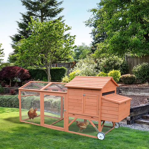 96.5-Inch Wooden Chicken Coop With Portable Wheels, Hen House And Nesting Box in a backyard with large run and trees