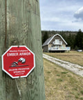 Wildfire Protection Sprinkler System With Bracket And Hardware, Includes 25 Ft Fire Resistant Hose, Powder Coated Steel sign on pole