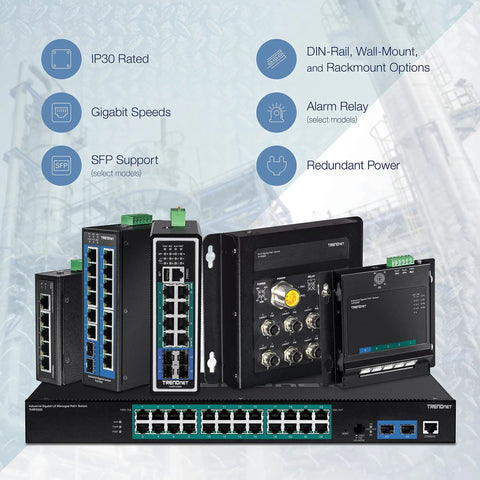Multiple industrial Ethernet switches featuring the Workhorse Industrial Eight Port PoE Plus Gigabit DIN Rail Mountable Switch with information icons.