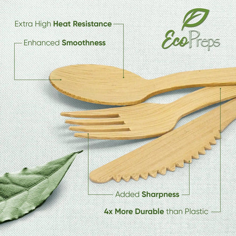250 Count Bamboo Cutlery Set Disposable And Compostable Utensils, 100 Percent Natural, Plastic Free, BPA Free, Non Toxic, Food Grade For Kids And Adults, Go-To Eco Friendly Everyday Use, bamboo spoon fork knife