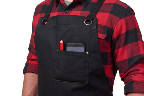 Heavy Duty Waxed Canvas Apron for Men and Women, Adjustable Crossback with Tool Pockets, Water Resistant and Oil Proof, Black, chest view