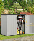 Large Outdoor Storage Box Resin Sheds with lockable waterproof cabinet in garden, filled with tools and gardening equipment.