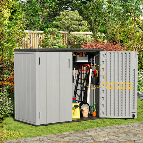 Large Outdoor Storage Box Resin Sheds with lockable waterproof cabinet in garden, filled with tools and gardening equipment.