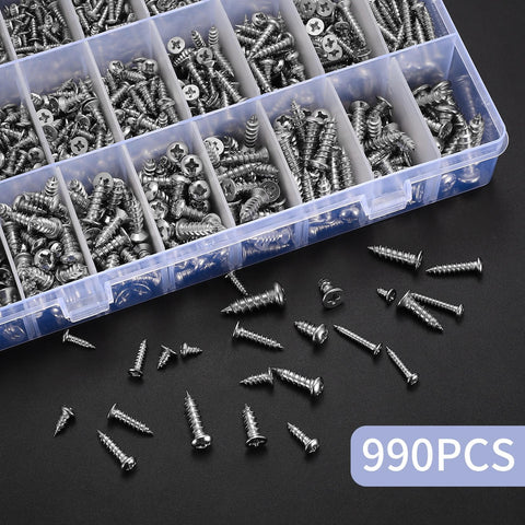 990 Pcs Self Tapping Screws Assortment Kit In Stainless Steel M3, M4, M5, M6 For Sheet Metal, Deck, Drywall, And Concrete
