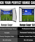 Comparison of Range Cage Elite Golf Hitting Net 8 x 8 Ft Pro Grade Simulator Enclosure with Side and Top Netting and impact screen