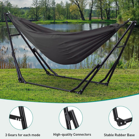 Two In One Hammock And Swing Chair With Foldable Stand Carrying Bag for Patio Garden Camping with stable rubber feet.