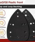 Heavy Duty Mouse Sander Replacement Pad With 30 Hook And Loop Sandpaper Sheets In 40 To 240 Grit showing PA6GF30 plastic front and hoop backing.