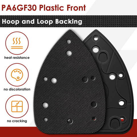 Heavy Duty Mouse Sander Replacement Pad With 30 Hook And Loop Sandpaper Sheets In 40 To 240 Grit showing PA6GF30 plastic front and hoop backing.
